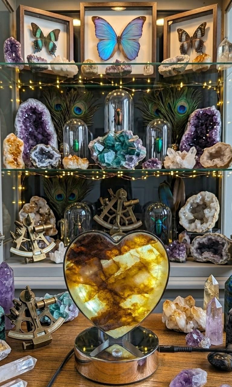 Grote Fire Quartz hart lamp van 15 cm hoog met warme verlichting op een luxe voet.