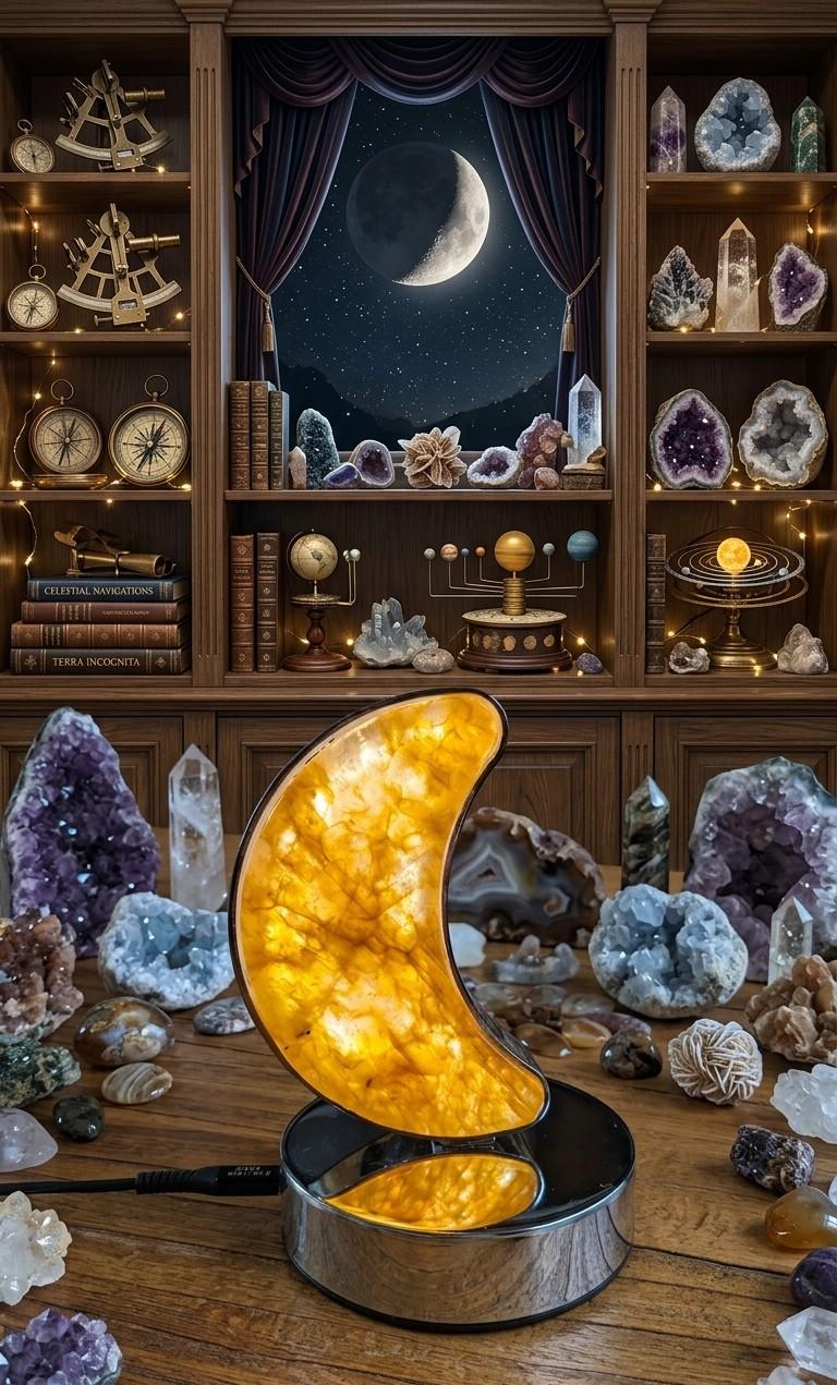Dimbare kristallen maanlamp met warme gloed in een klassiek interieur met boeken en astronomische instrumenten.