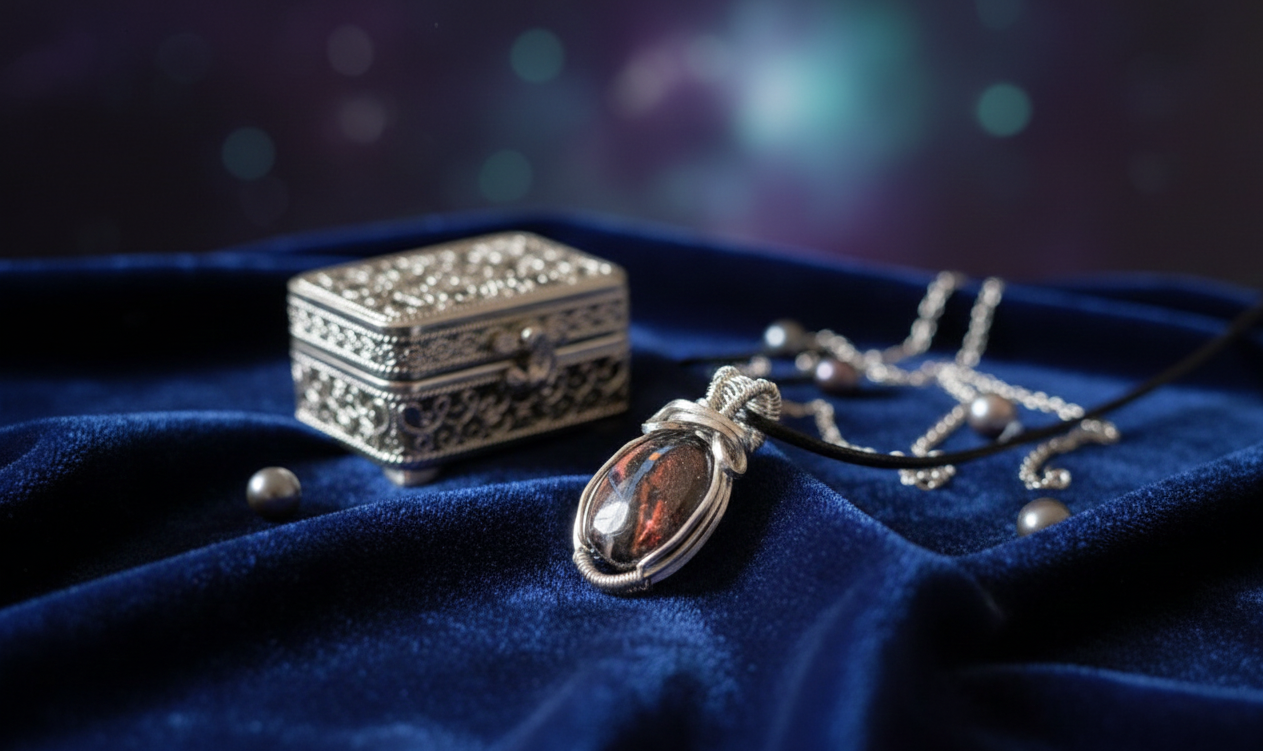 Handgemaakte koperen wire-wrapped hanger met een authentieke Australische Boulder Opaal, zwevend in een mystiek verlicht bos met een betoverend kleurenspel van blauw en bruin.