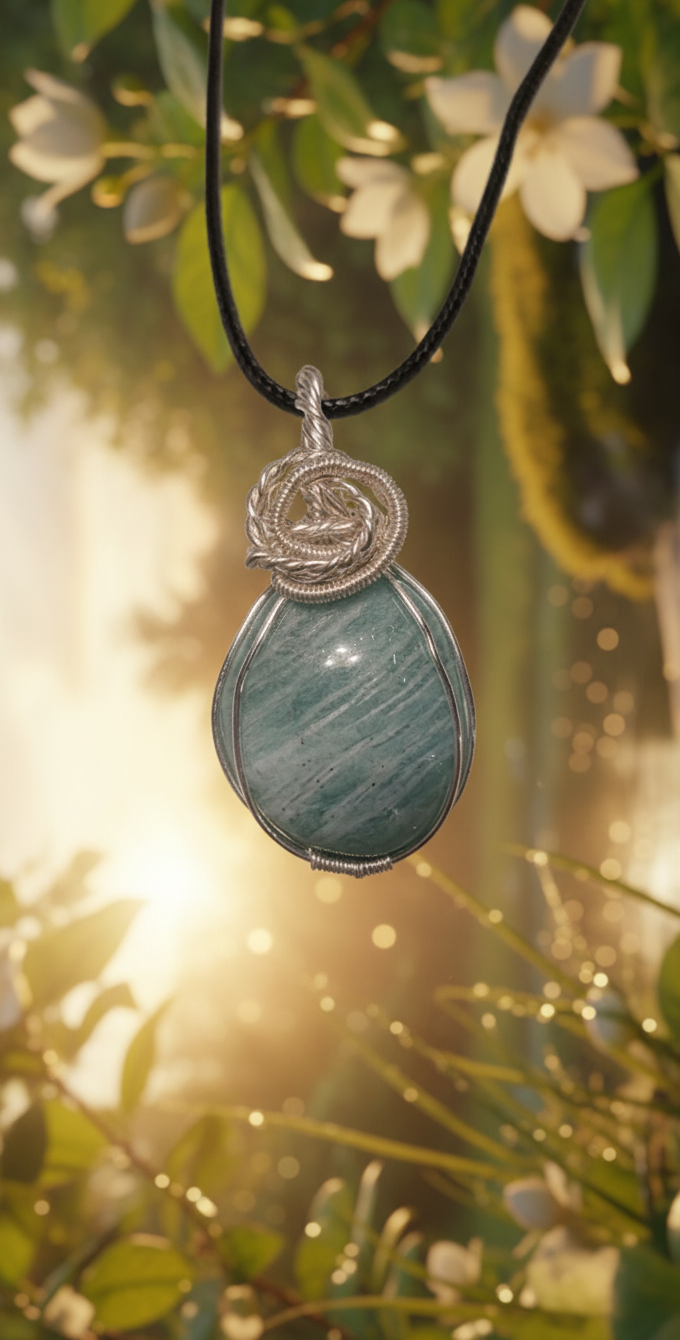 Close-up van een handgemaakte amazoniet edelsteen hanger met zilverkleurig vlechtwerk (wire wrap) tegen een sfeervolle, vervaagde tuinachtergrond met witte bloemen en warm zonlicht.