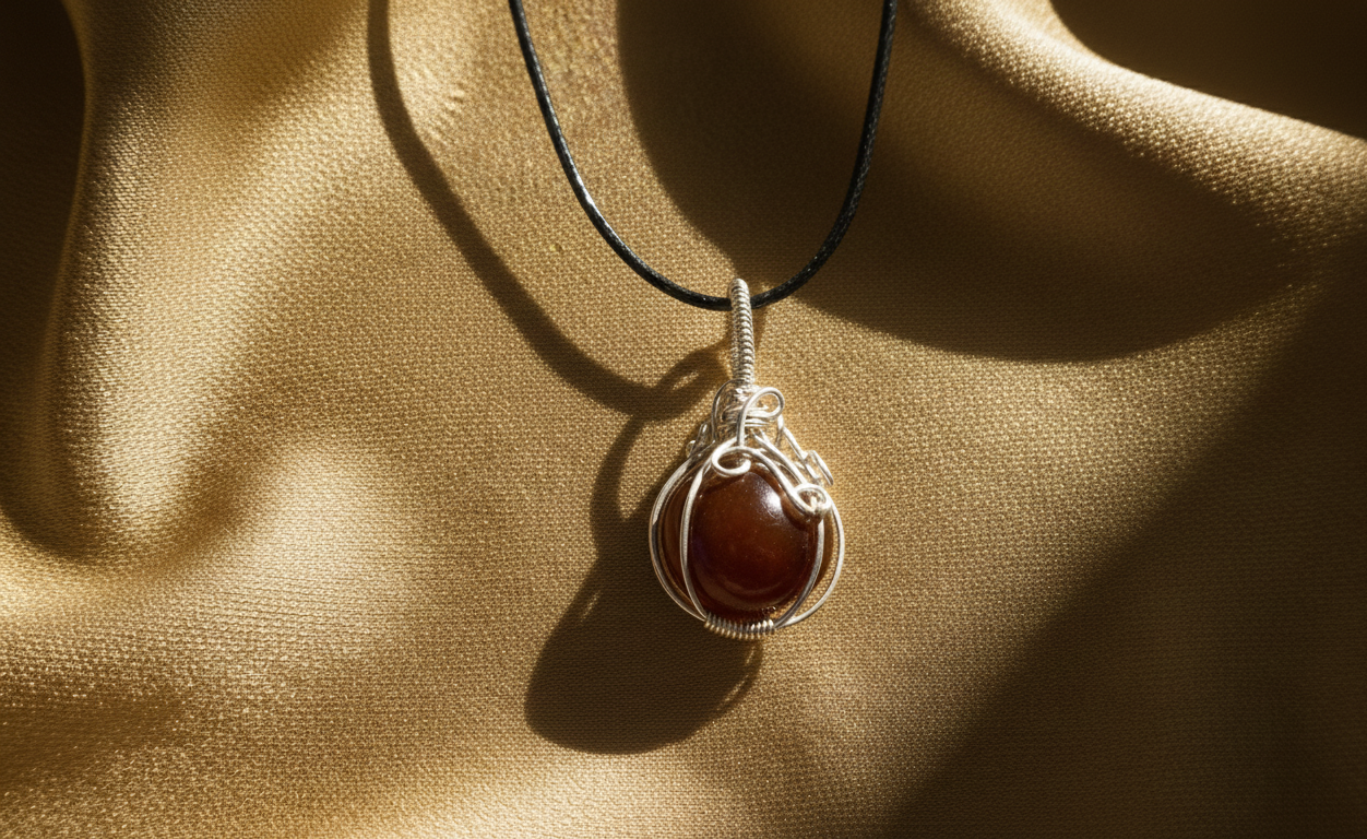 Handgemaakte zilverkleurige wire-wrapped hanger met een ronde, diep oranje-bruine Barnsteen-Agaat, gepresenteerd op glanzende goudkleurige zijde in sfeervol strijklicht.