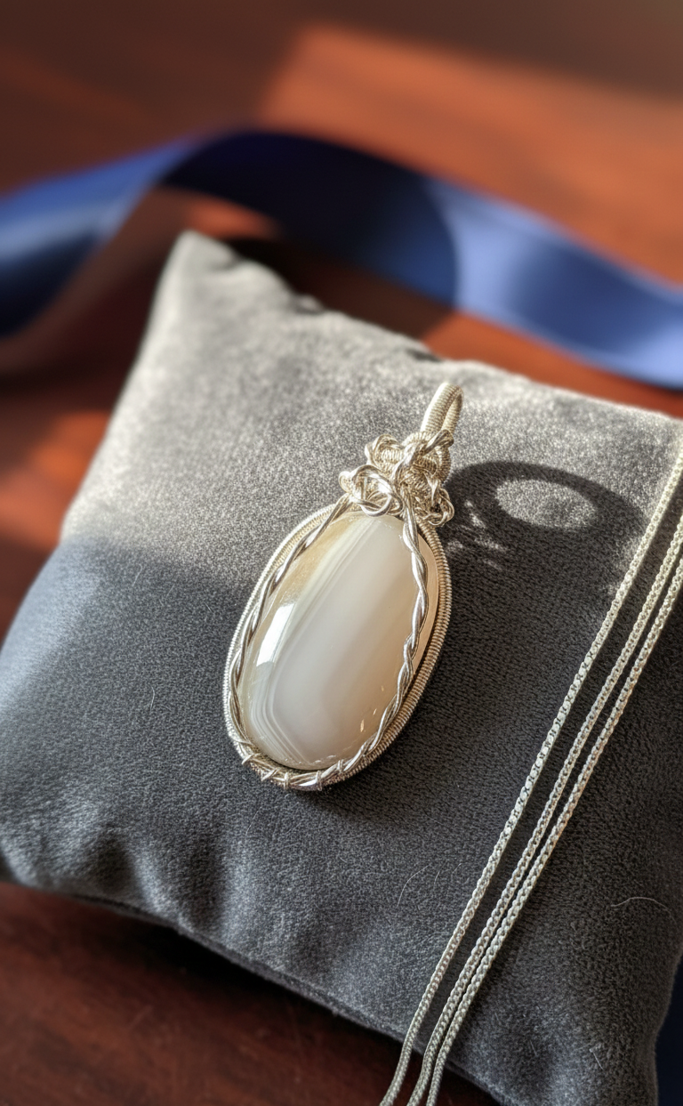 Handgemaakte zilverkleurige wire-wrapped hanger met een ovale, melkwitte Agaat edelsteen, gepresenteerd op een grijs fluwelen kussentje met een blauw lint en een zilveren ketting.