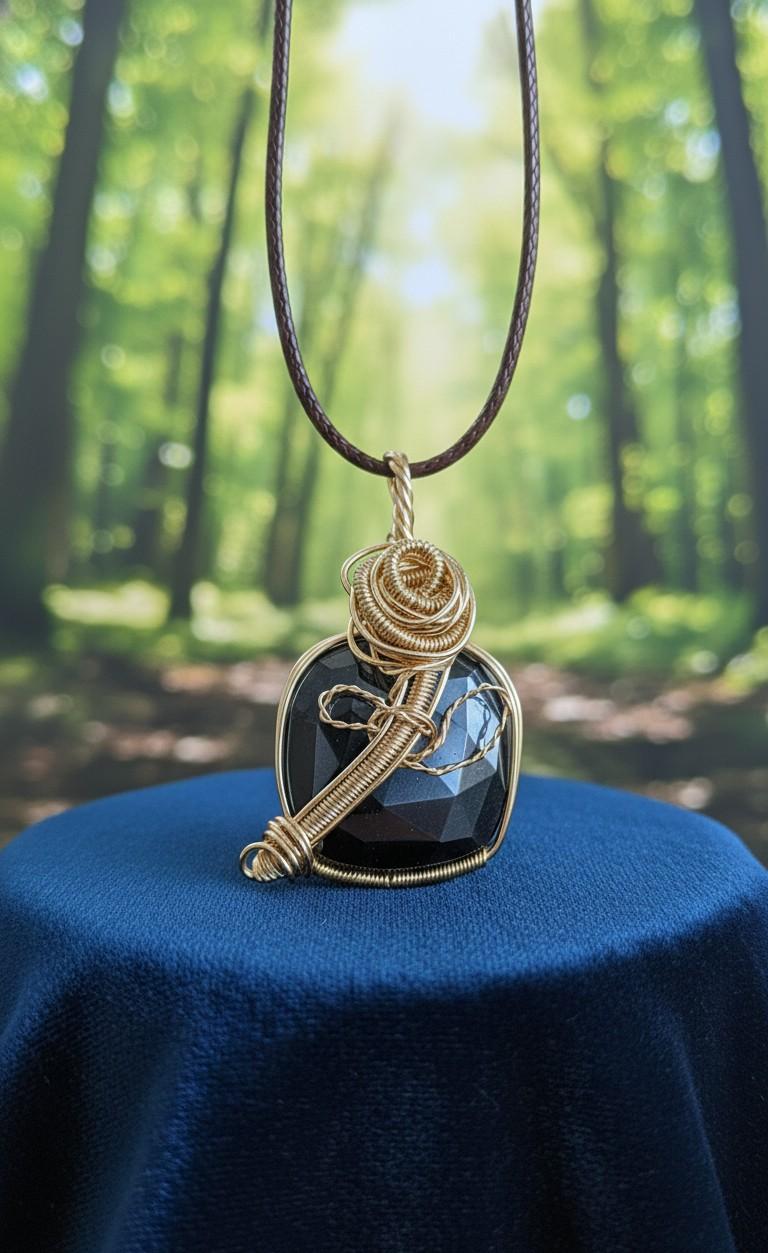 Handgemaakte wire-wrapped hanger met zwarte gefacetteerde edelsteen en gouden roos-detail, hangend tegen een wazige bosachtergrond.