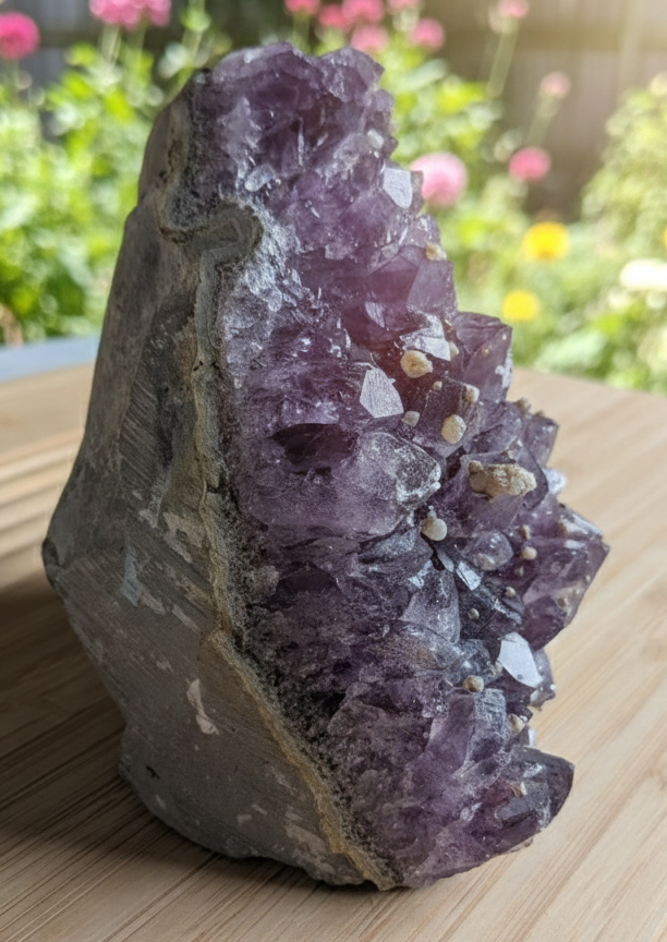 Grote amethist geode van 1,3 kg met witte calciet kristallen op een paarse kristalbodem.