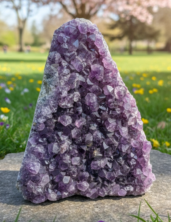Grote paarse amethist cluster van 784 gram op een houten tafel met bloemen op de achtergrond.