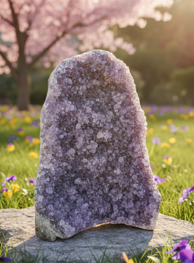 Grote staande amethist cluster van 13 cm hoog met een vol paars kristalvlak.
