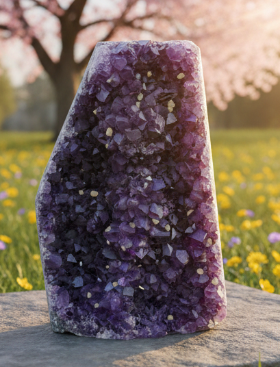 Grote verticale amethist geode met unieke witte calciet kubusjes op paarse kristallen.