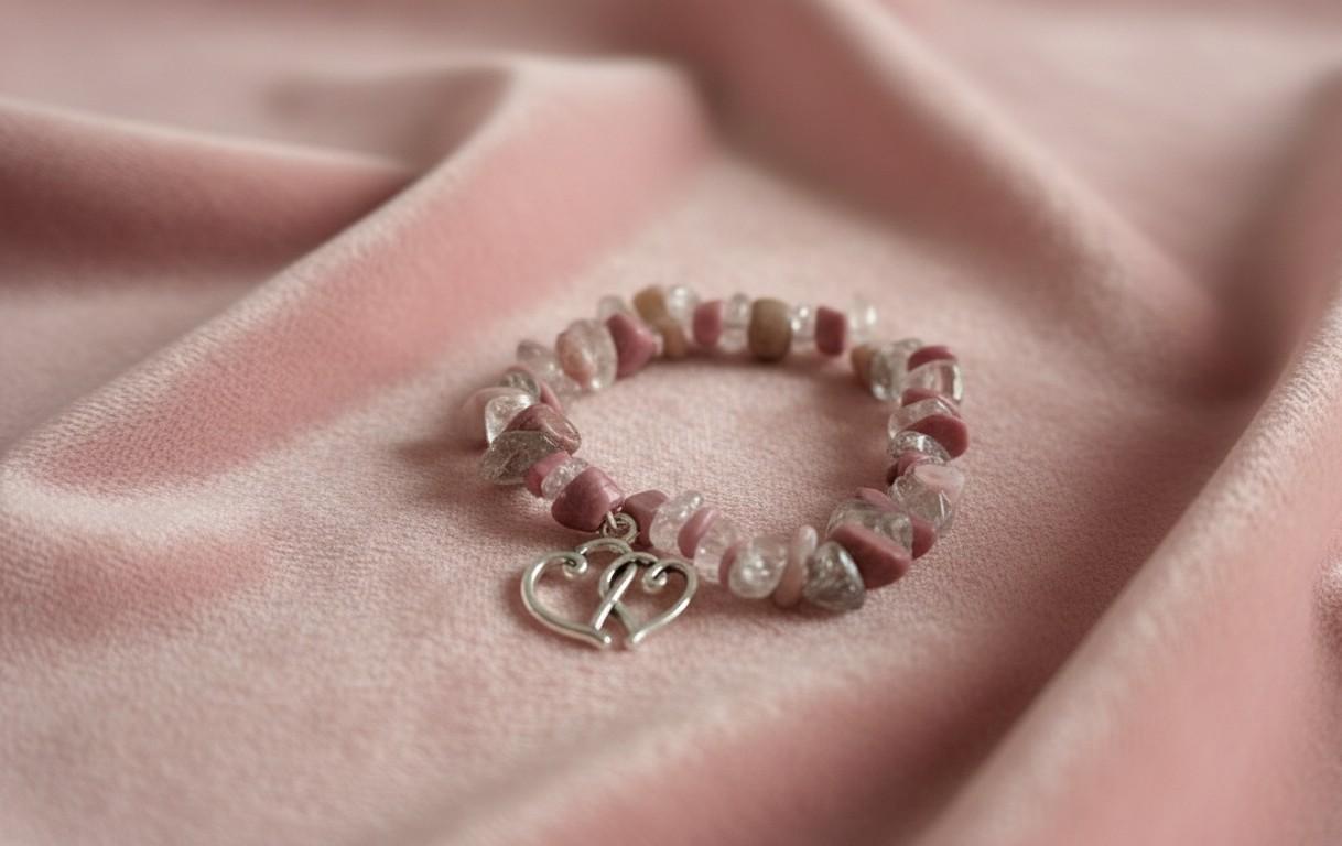 Handgemaakte armband van roze Rhodoniet en heldere Bergkristal splitstenen met een dubbele hartjes-bedel op een roze fluwelen ondergrond.