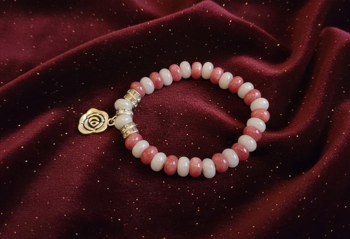 Handgemaakte 'Rose Blossom' Armband – Roze Jade & Witte Agaat