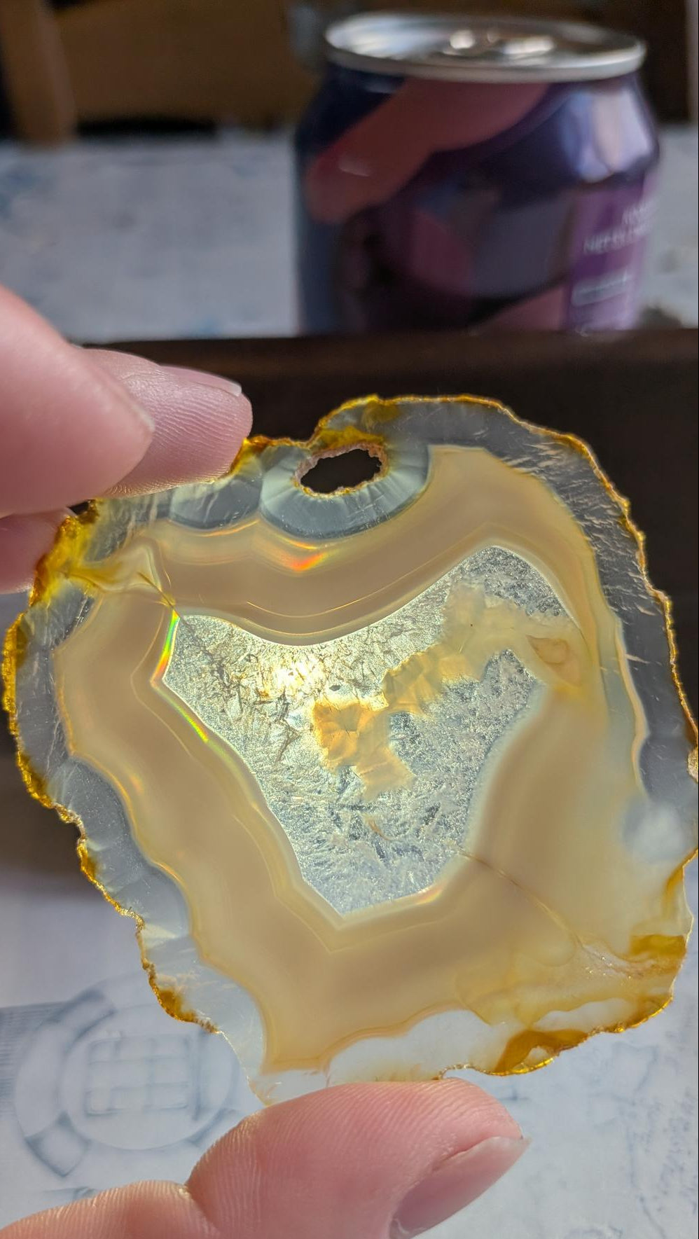 Handgehouden plakje Iris Agaat uit Java tegen het licht, waarbij een felle regenboog en iriserende kleuren zichtbaar zijn in de transparante kristalstructuur.