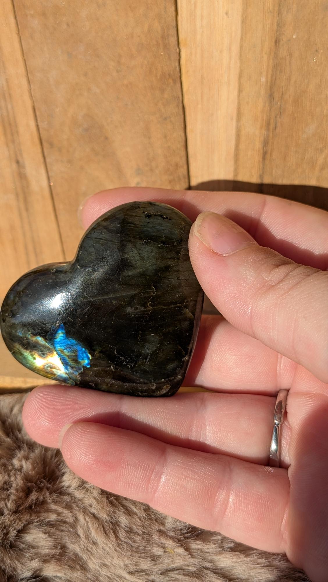 Middelmaat edelsteen hart van labradoriet met felle blauwe en goudgele flash in de hand gehouden
