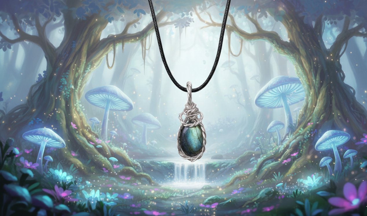 Een kleine handgemaakte verzilverde wire-wrap hanger met een glanzende Labradoriet edelsteen, zwevend in een licht en sprookjesachtig bos met witte watervallen, pastelkleurige bloemen en lichtgevende paddenstoelen.