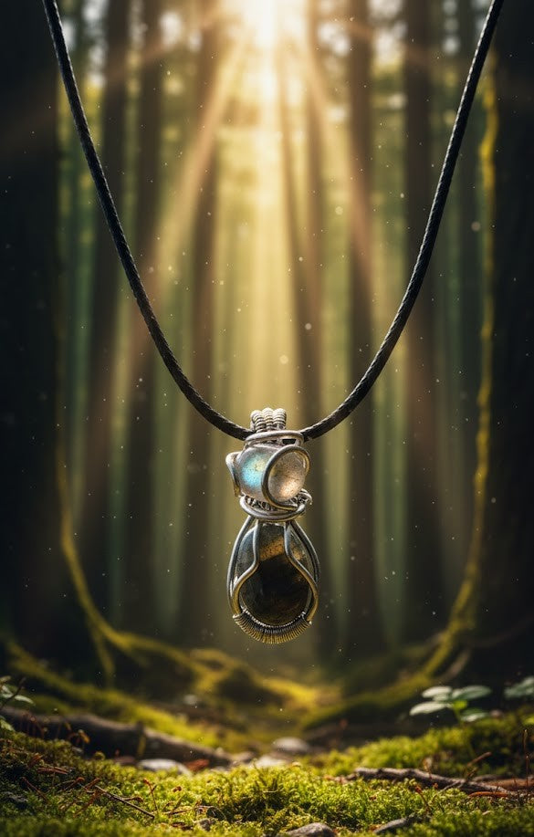 Handgemaakte zilverkleurige wire-wrap hanger met een combinatie van labradoriet en maansteen, liggend op een sfeervolle bosbodem met zacht zonlicht.