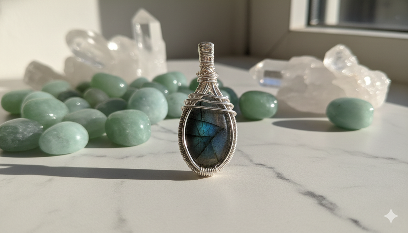 Handgemaakte verzilverde wire-wrap hanger met een Labradoriet edelsteen, rechtopstaand op een wit marmeren oppervlak omringd door lichtgroene kristallen en bergkristal punten in zacht zonlicht.