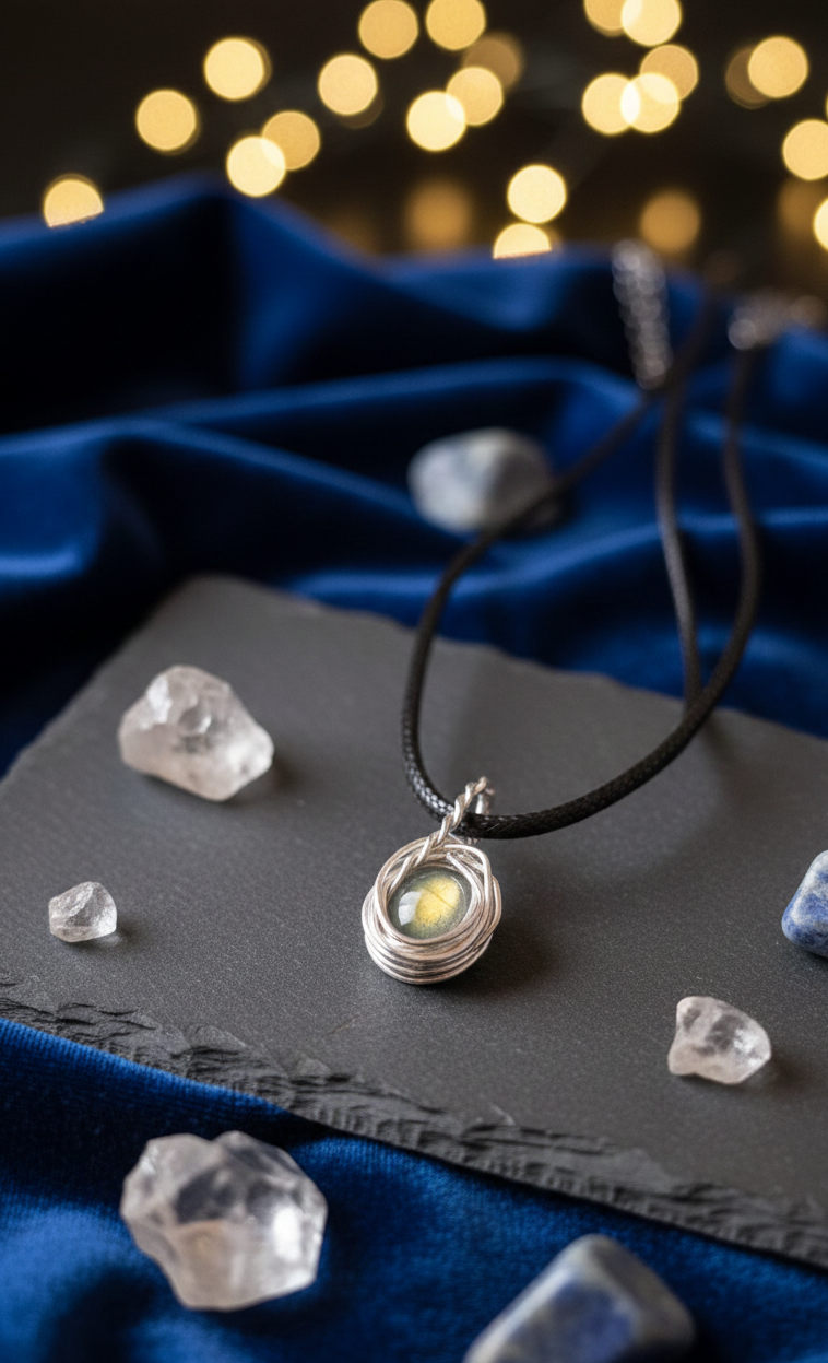 Handgemaakte zilverkleurige wire-wrap hanger met een Labradoriet edelsteen die een gele gloed afgeeft, liggend op een donkere leistenen ondergrond met blauw fluweel en sfeervolle lichtjes op de achtergrond.