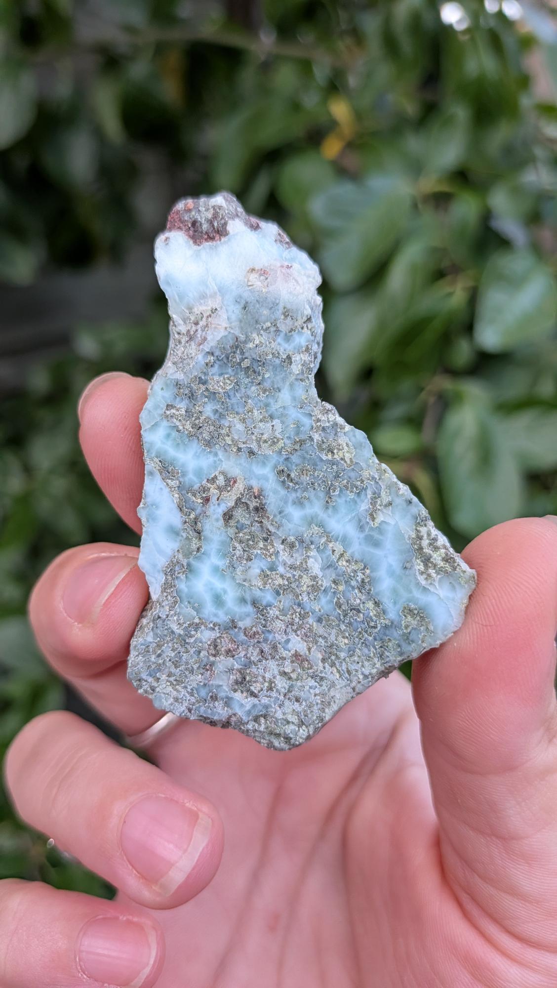 Prachtige gepolijste larimar plaat van 36 gram met unieke blauwe oceaan-tekening, vastgehouden in de hand tegen een achtergrond van groene bladeren.