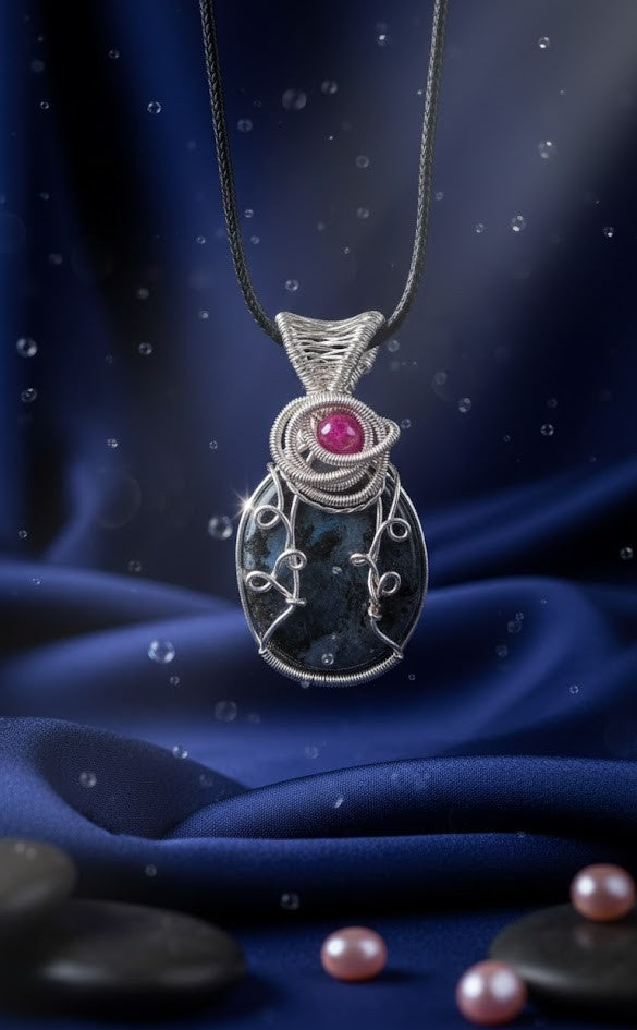 Handgemaakte ovale Larvikiet hanger met een dieproze Robijn accent, gevat in sierlijk verzilverd wire-wrap design op een luxe donkerblauwe satijnen achtergrond.