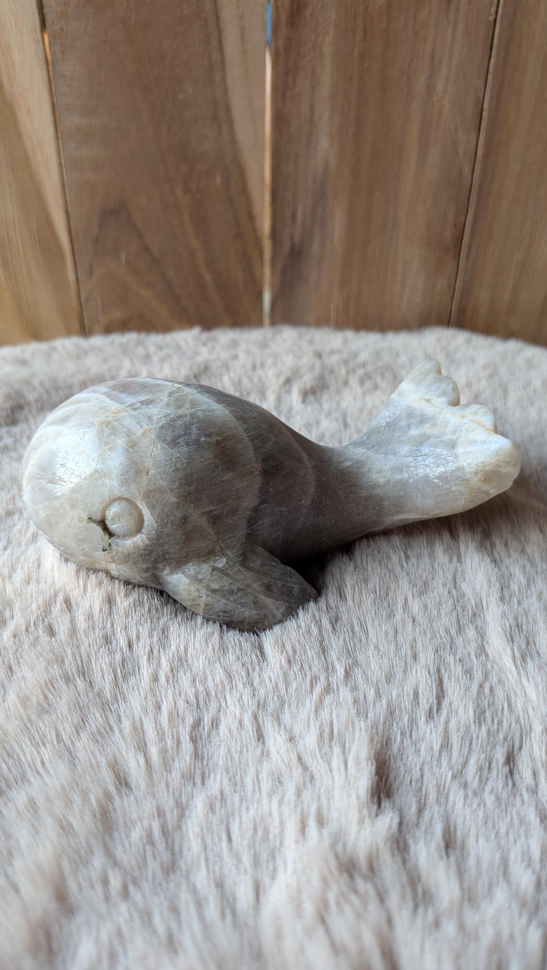 Zijaanzicht van maansteen walvis van 10 cm lang op harige ondergrond.