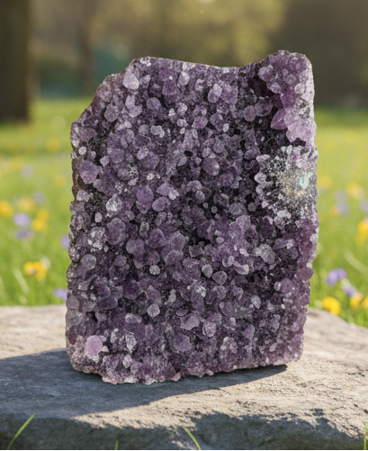 Massieve amethist cluster van 952 gram met dieppaarse kristallen in een natuurlijke setting.