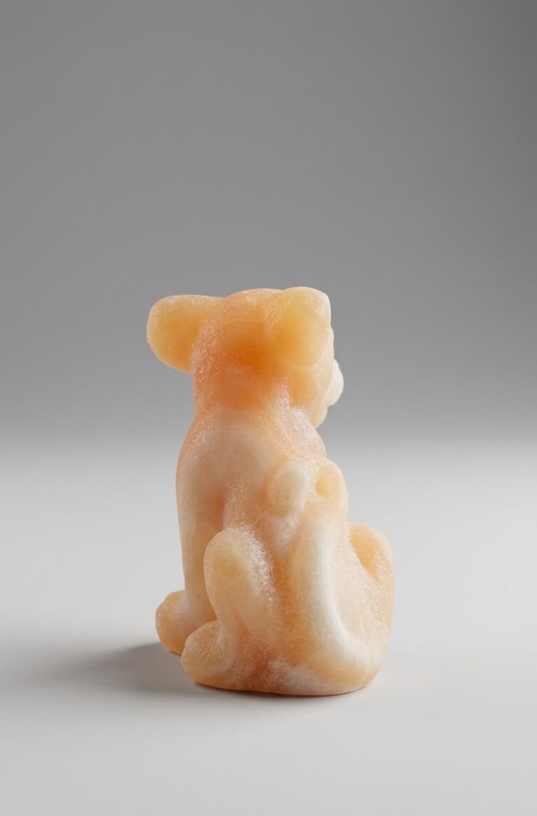 Gedetailleerd edelsteen figuur van de leeuwenwelp Nala, geslepen uit warme Gele Calciet met een zachte glans, zittende houding.