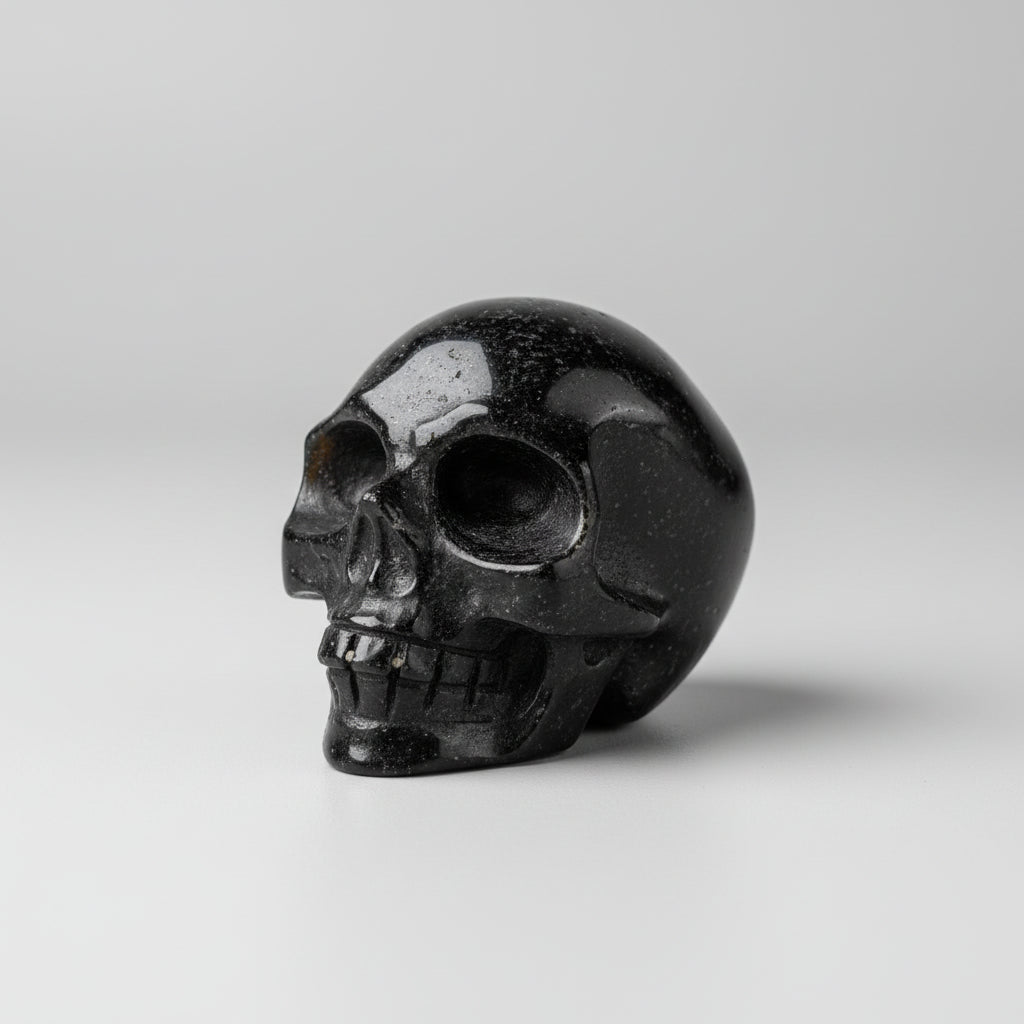 Handgesneden zwarte obsidiaan schedel van 274 gram op een houten ondergrond.