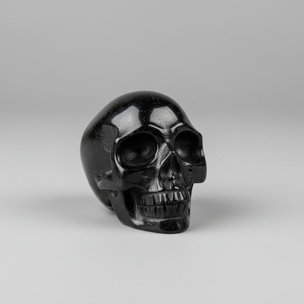 Vooraanzicht van een glanzende obsidiaan skull met gedetailleerde afwerking.