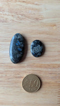 Twee gepolijste Que Sera edelstenen in ovale vormen met blauwe kwarts insluitingen naast een 50 eurocent munt op een houten ondergrond.