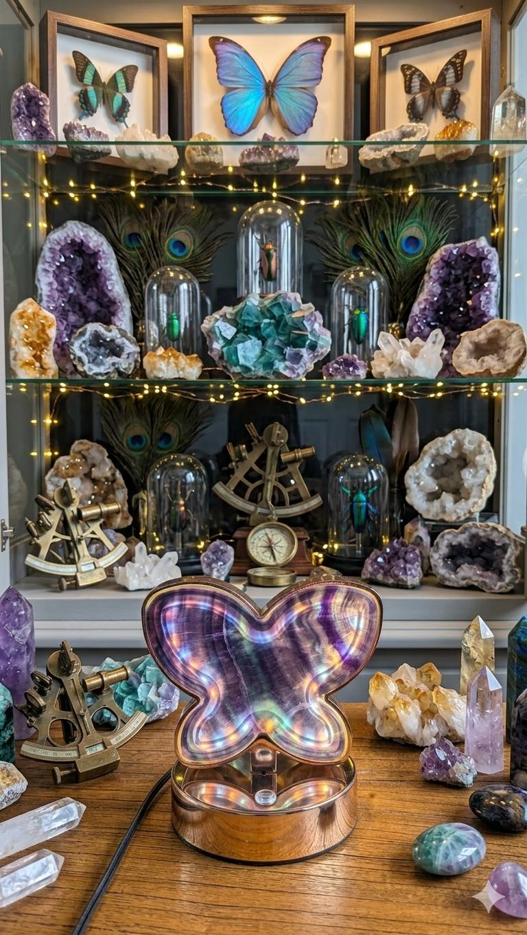 Regenboog fluoriet lamp in vlindervorm met warme verlichting voor een spiritueel interieur.