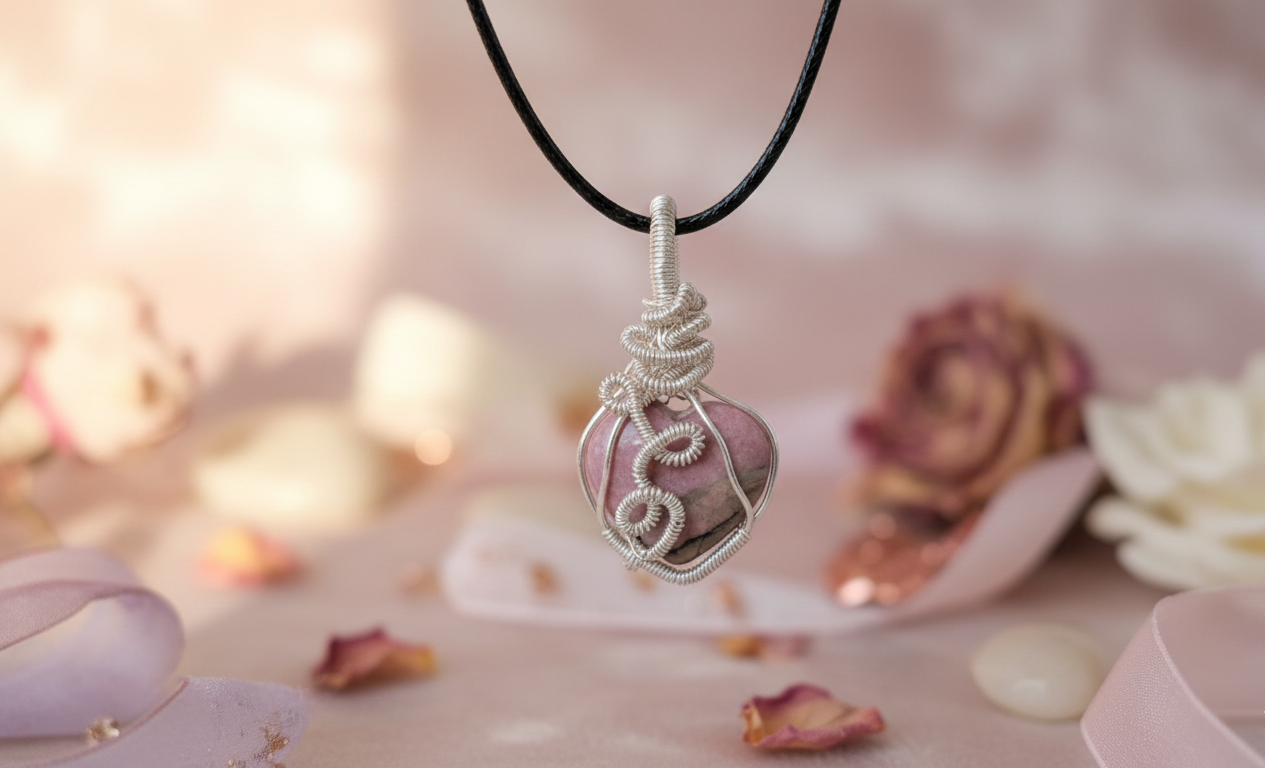 Handgemaakte zilverkleurige wire-wrap hanger met een roze Rhodoniet edelsteen, gepresenteerd tegen een zachte, dromerige achtergrond met subtiele kleuren en sfeervol licht.