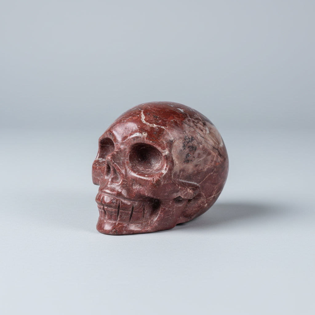 Handgesneden schedel carving van rode jaspis met unieke aders