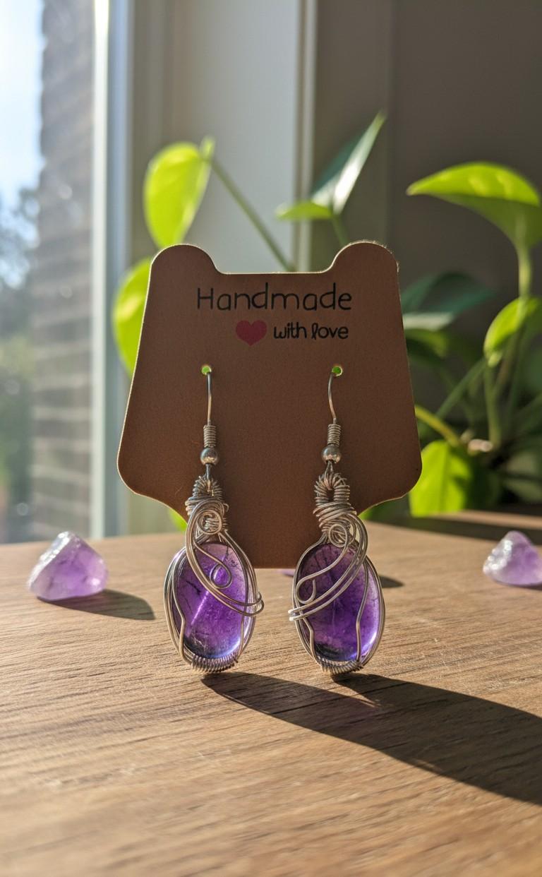 Gedetailleerde handgemaakte zilverkleurige oorbellen met een dieppaarse fluoriet edelsteen, kunstzinnig gewikkeld in fijn metaaldraad (wire-wrap techniek).