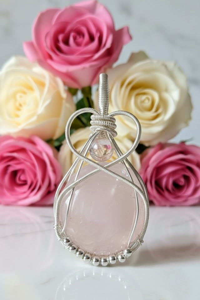 Handgemaakte verzilverde wire-wrapped hanger met een ronde roze rozenkwarts edelsteen, gepresenteerd tegen een achtergrond van zachte roze en witte rozen op een marmeren ondergrond.