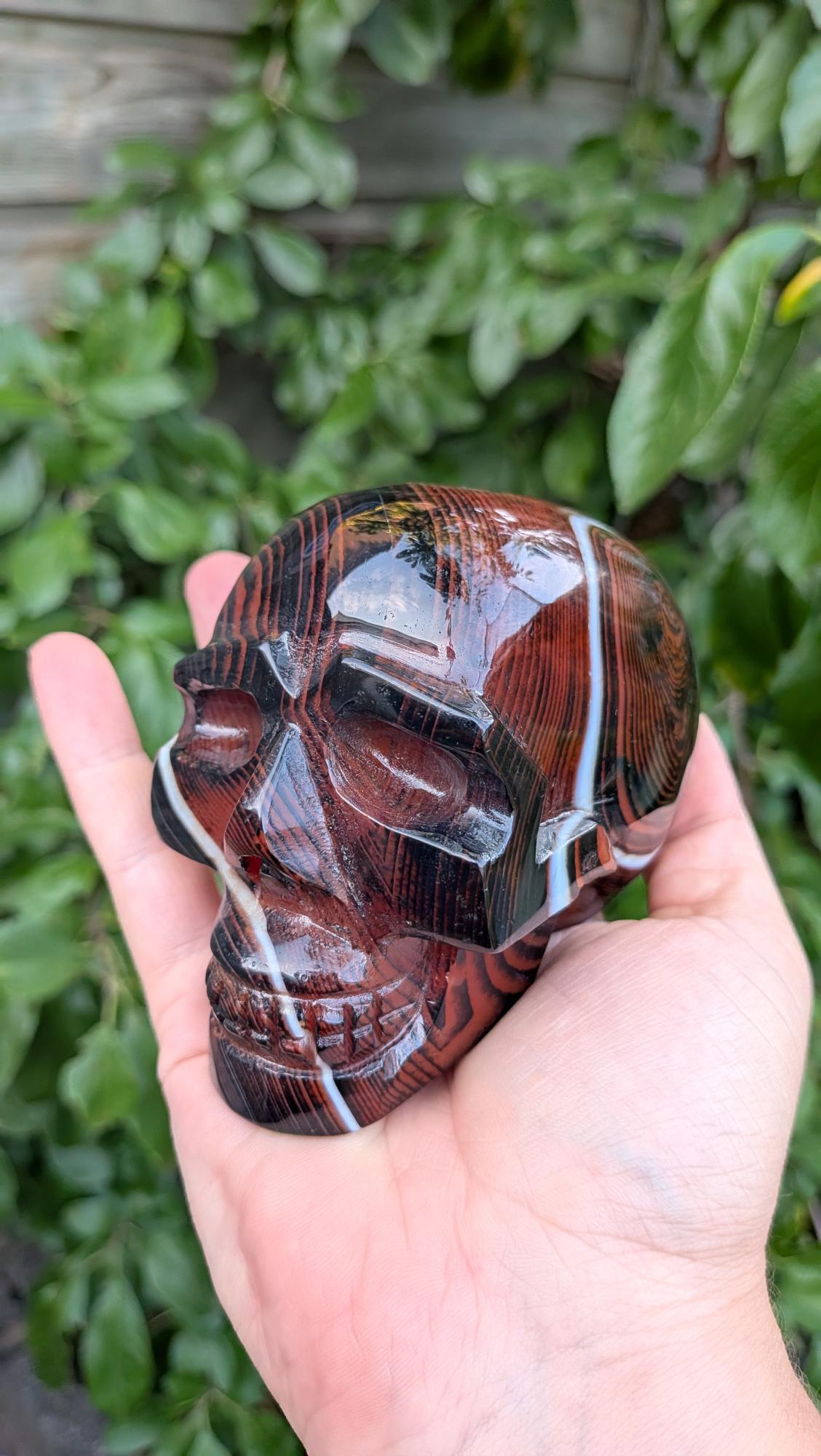 Kristallen schedel van 672 gram in sardonyx agaat met dieprode en bruine aardlagen en een witte band, vastgehouden in de hand.