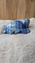 Gedetailleerde handgesneden schildpad carving van lapis lazuli met diepblauwe tinten.