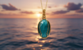 Handgemaakte hanger van groene Serpentijn edelsteen, kunstzinnig omwikkeld met glanzend 24k verguld draad tegen een sfeervolle achtergrond van een zonsondergang aan zee