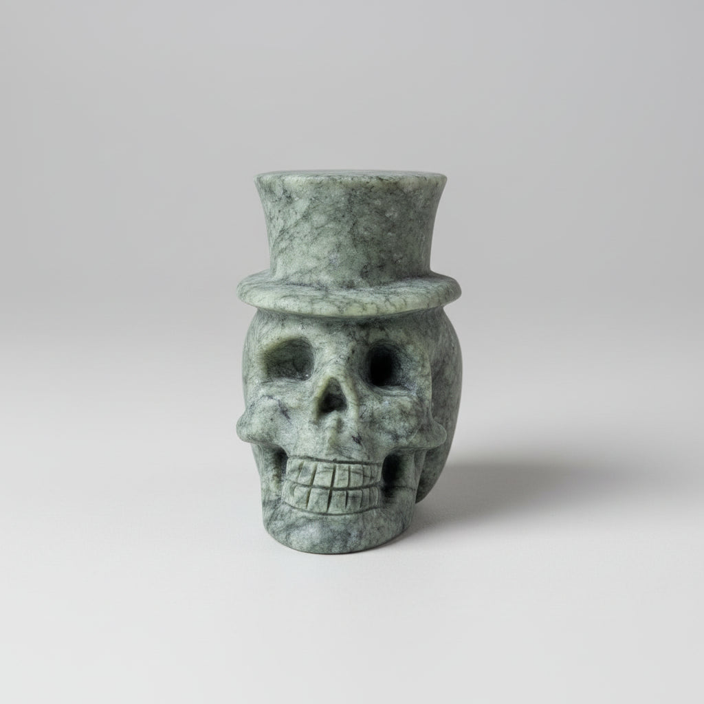 Vooraanzicht van een serpentijn skull van 342 gram met gedetailleerde afwerking.