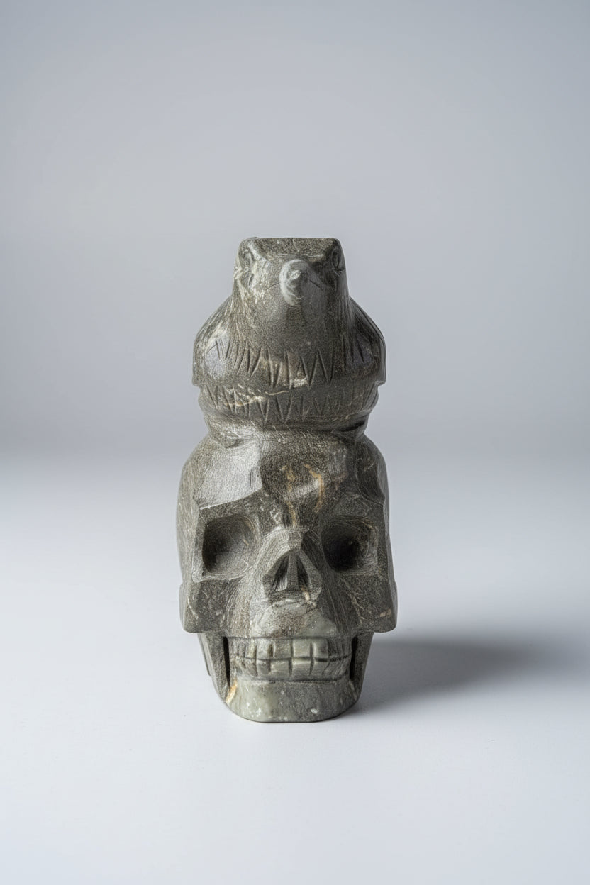 Handgemaakt serpentijn skull beeldje met raaf van 16 cm hoog tegen een neutrale achtergrond