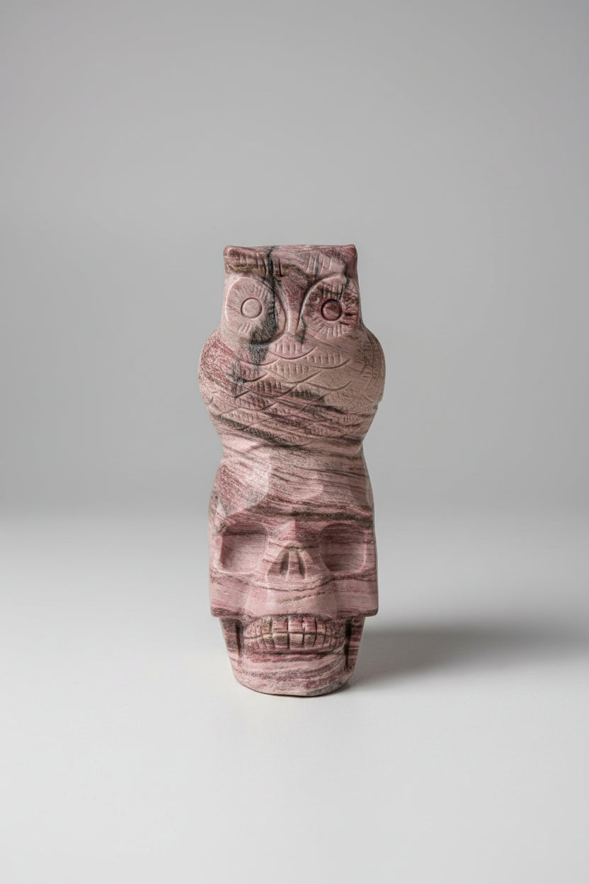 Close-up van de unieke roze strepen en het fijne handgesneden detailwerk van de schedel en uil
