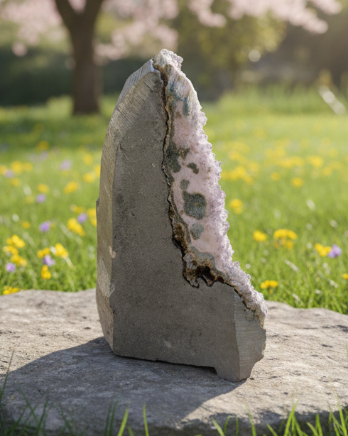 Slank profiel van een 610 gram zware amethist cluster op een stenen plateau in de zon.