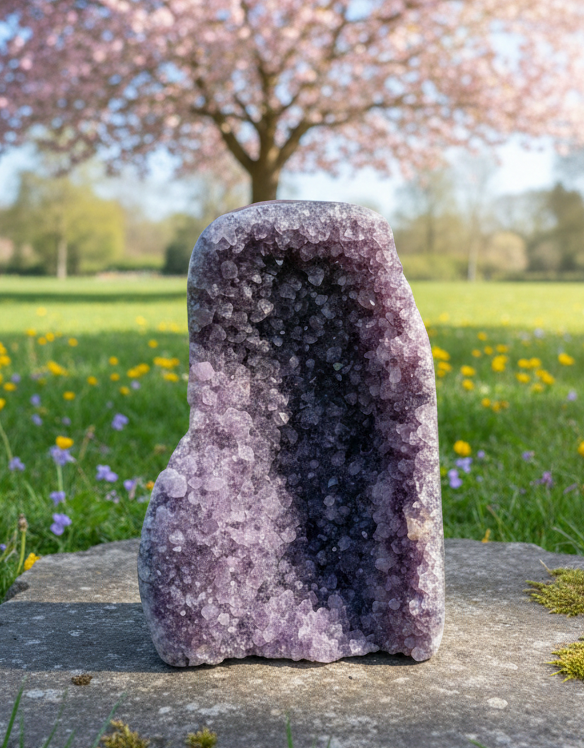Slanke verticale amethist geode van 640 gram voor een bloeiende roze boom.