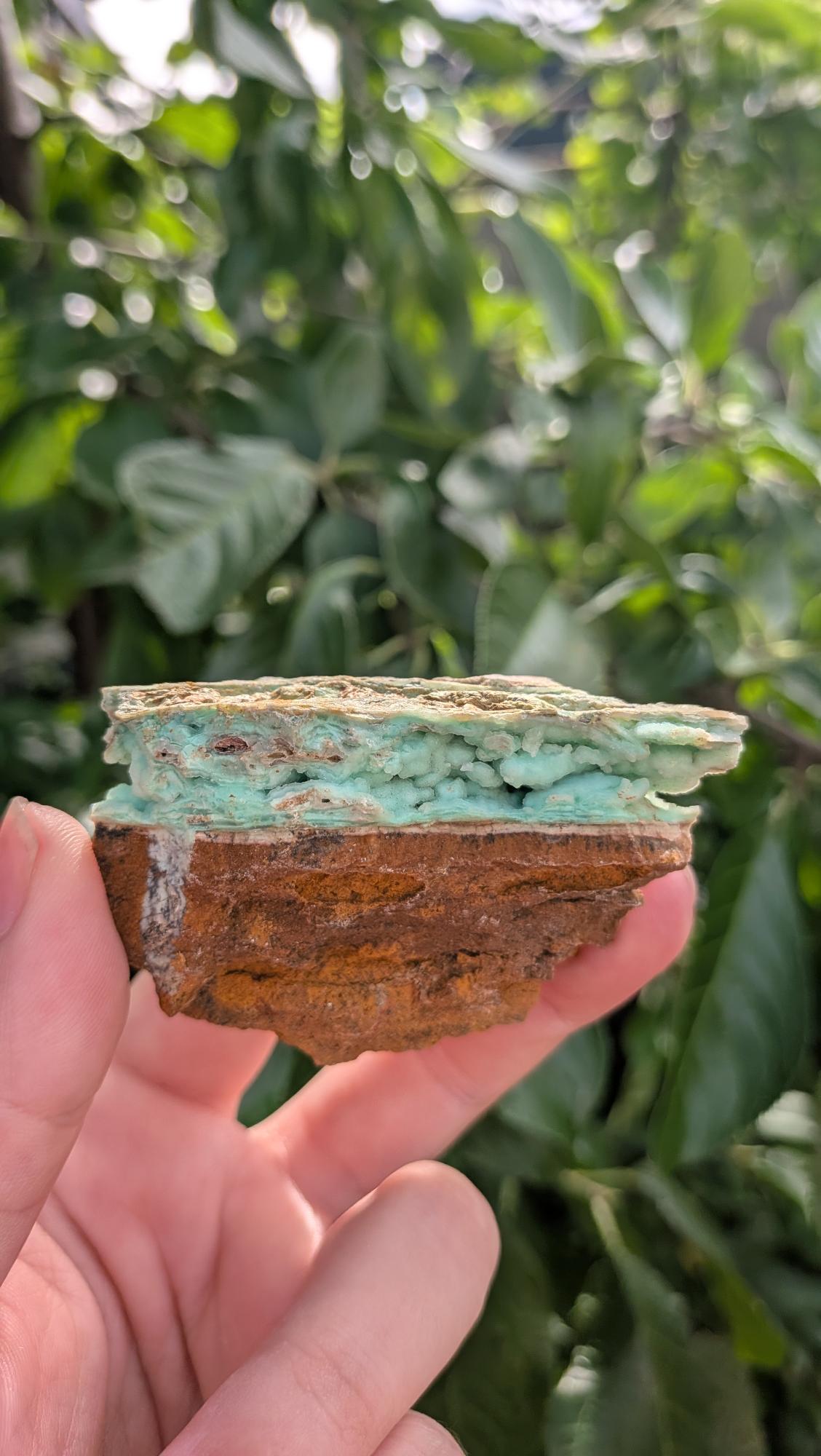 Een hand houdt een gelaagd, mintgroen Smithsoniet-stuk van 84 gram vast, met een robuuste, natuurlijke textuur