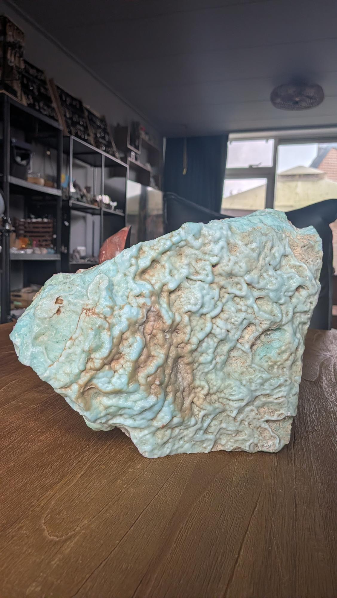 Groot brok Caribisch Calciet vanuit een andere hoek gefotografeerd op een minimalistische achtergrond