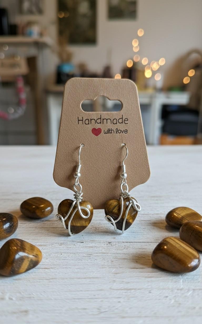 Handgemaakte zilverkleurige wire-wrap oorbellen met bruine tijgeroog hartjes, gepresenteerd op een "Handmade with love" kaartje met losse tijgeroog stenen eromheen.