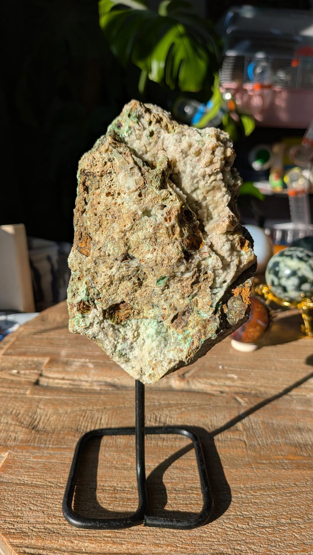 Detailopname van zachtgroene, fonkelende kristalbolletjes in de holtes van een XL Chrysocolla op standaard.
