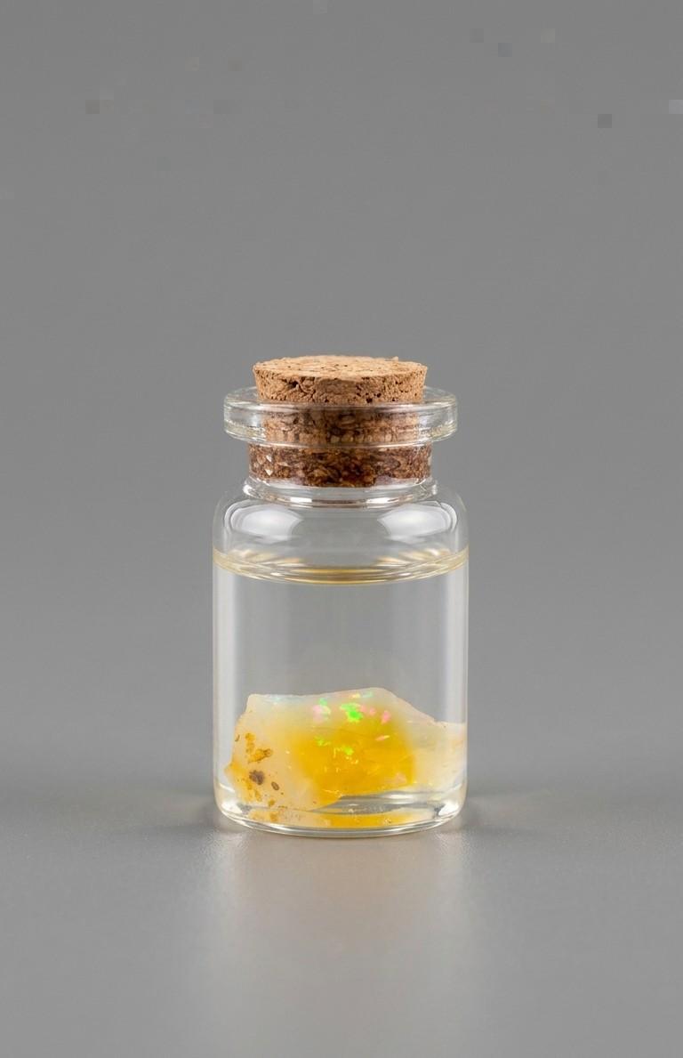 Honingkleurige Ethiopische Water Opaal met felgroen en oranje kleurenspel, gepresenteerd in een 37 mm glazen display-potje gevuld met water.