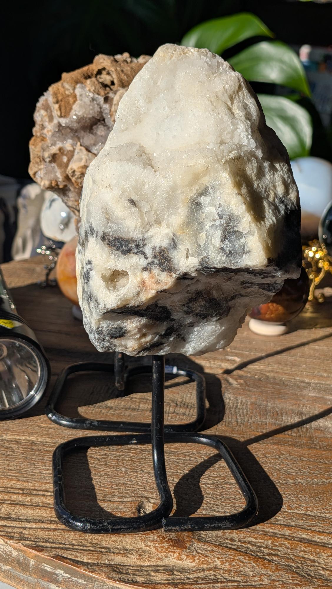 Voorzijde van een massieve zebra agaat op een zwarte metalen standaard, tonend natuurlijke witte en grijze patronen.