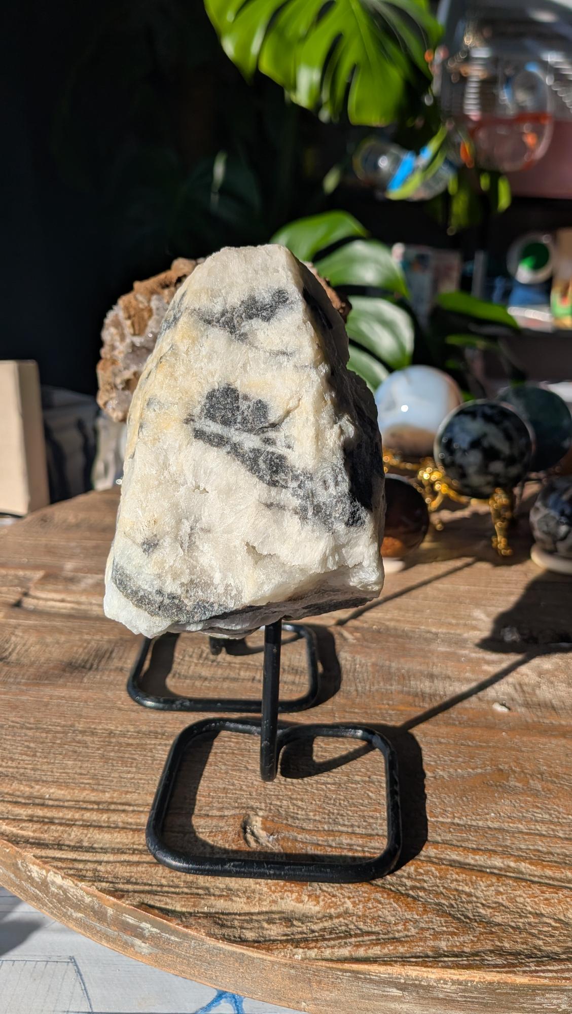 Achterzijde van de zebra agaat op standaard, met duidelijke donkere grafische lijnen op een witte ondergrond.