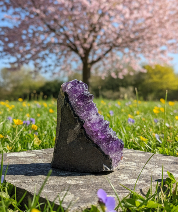 Zijaanzicht van een 7 cm amethist kristal met intense paarse kleur en natuurlijke basis.