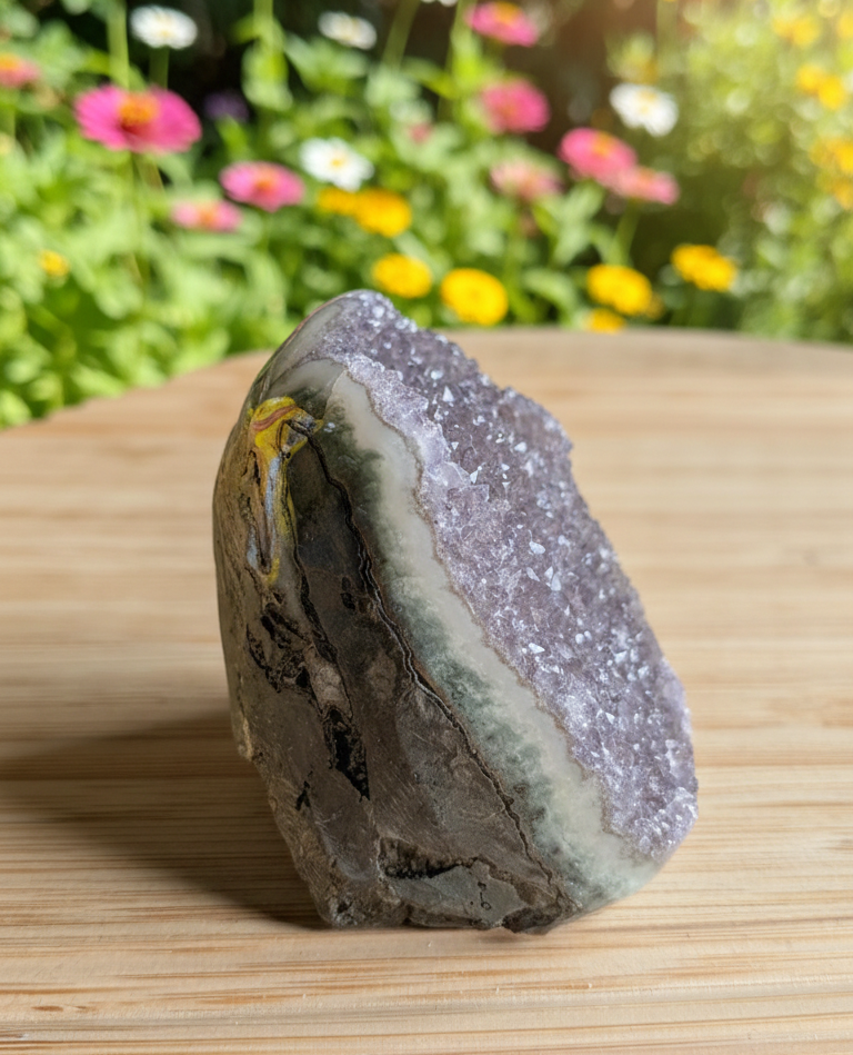 Zijaanzicht van een kleine amethist cluster van 7x5 cm op een houten ondergrond.