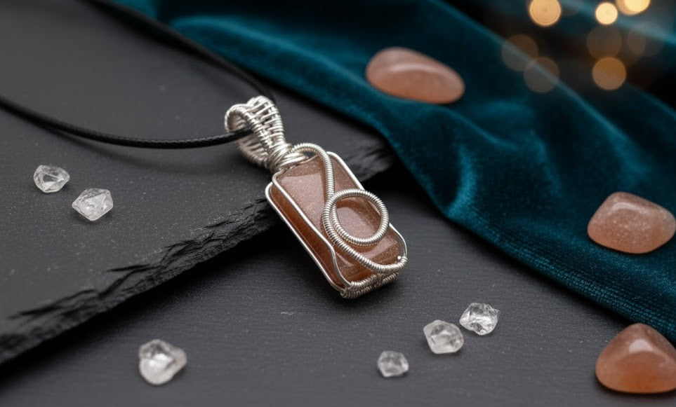 Handgemaakte rechthoekige Zonnesteen hanger met verzilverd wire-wrap design, gepresenteerd op een zwarte leisteen naast luxe blauw fluweel en kleine kristallen.